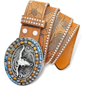 Aswitnove Mens Western Cowboy Buckle Belts Rodeo Longhorn Bull Pattern Leather Waist Belt Silver Studded Strap, 1/2 Inch Wide in Kuwait