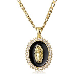 Gold Guadalupe Virgin Mary Necklace for Women Men Teens, 14K Gold Plated Oval Zircon Inlay Oil Drip Virgin Mary Pendant with Stainless Steel Figaro Chain Necklace in Kuwait