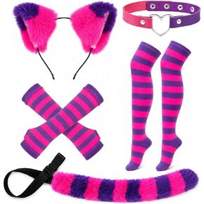Pink and Purple Striped Cat Costume for Girls Women Halloween Cosplay Accessories, Cat Ears, Furry Tail, Striped Socks for Halloween Dress up in Kuwait