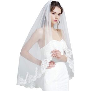 Wedding Bridal Veil with Comb 1 Tier Lace Applique Edge Ivory Fingertip Length in Kuwait