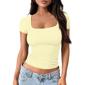 Trendy Queen Womens Short Sleeve T Shirts Square Neck Crop Going Out Cute Tops for Women Basics Tees Summer Trendy Clothes in Kuwait