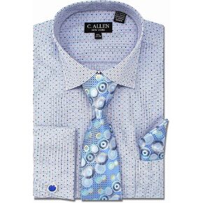 Men's Checks Dot Printed Regular Fit French Cuffs Dress Shirts with Tie Hanky Cufflinks Combo in Kuwait