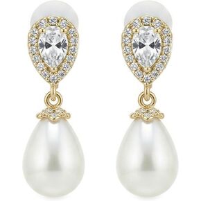 Mariell Pearl Gold Clip-On Wedding Earrings for Brides, Pearl and CZ Non-Pierced Drop Bridal Earring in Kuwait