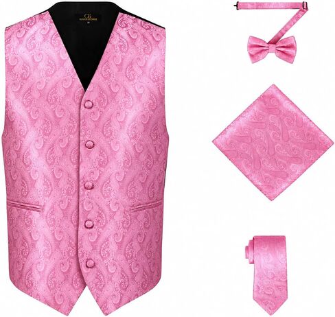 Oliver George Men's 4pc Paisley Design Tuxedo Vest Paisley Floral Jacquard Vest Formal Vest Suit Vest Casual Vest Waistcoat Vest Prom Vest Wedding Vest Necktie Bowtie Handkerchief Gold Small in Kuwait