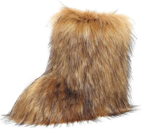 Popchrio Furry Boots For Women Fluffy Faux Fur Women's Mid-calf Boots Warm Winter Comfortable Outdoor Fuzzy Flat Shoes brown in Kuwait