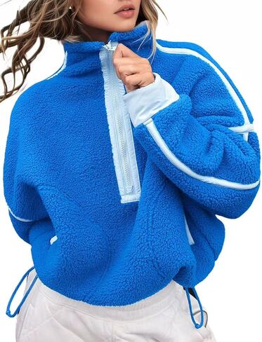 Women's Fleece Sweatshirts Half Zip Pullover Long Sleeve Oversized Workout Crop Tops Hoodie with Pocket in Kuwait