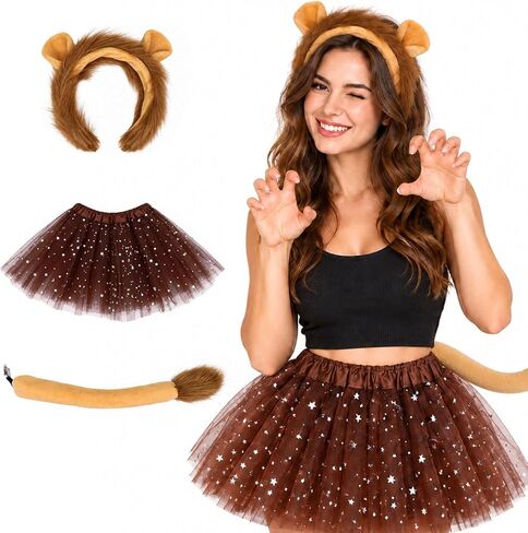 CHUANGLI 3 Piece Lion Costume Set Lion Ears Headband with Tail and Tutu for Women Girls Halloween Cosplay Party Accessories in Kuwait