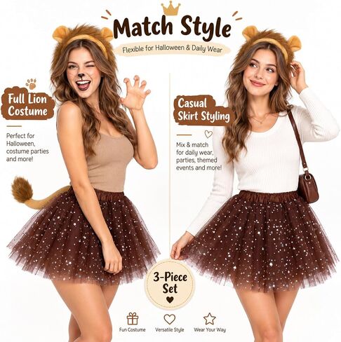 CHUANGLI 3 Piece Lion Costume Set Lion Ears Headband with Tail and Tutu for Women Girls Halloween Cosplay Party Accessories in Kuwait