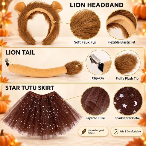 CHUANGLI 3 Piece Lion Costume Set Lion Ears Headband with Tail and Tutu for Women Girls Halloween Cosplay Party Accessories in Kuwait