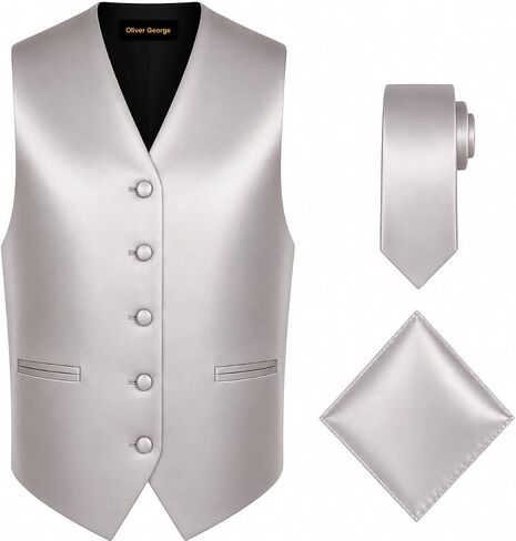 Oliver George 3pc Men's Solid Formal Waistcoat Tuxedo Dress Vest Necktie Handkerchief Set For Suit or Tuxedo in Kuwait