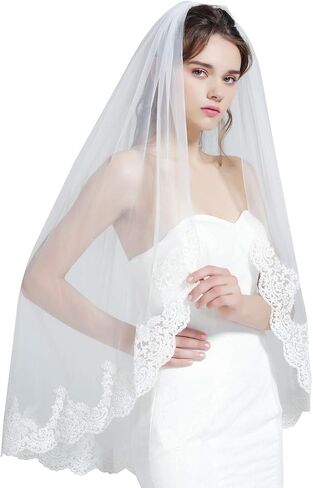 Wedding Bridal Veil with Comb 1 Tier Lace Applique Edge Ivory Fingertip Length in Kuwait