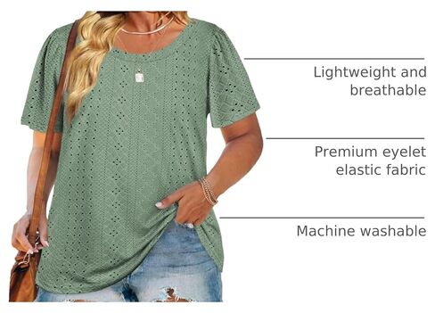 DOLNINE Womens-Plus-Size-Tops Casual Puff Short Sleeve Crewneck Eyelet Tunic Shirts XL-5XL in Kuwait