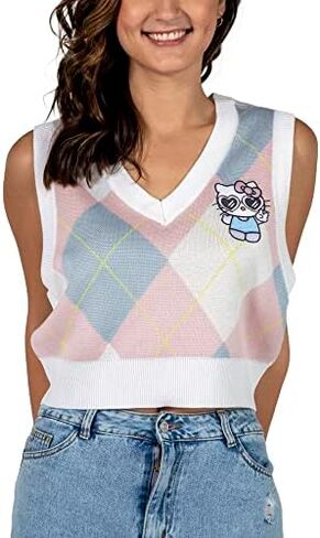 Hello Kitty Preppy Kitty White Sleeveless Pastel Argyle Women's Sweater Vest in Kuwait