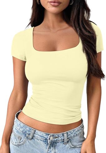 Trendy Queen Womens Short Sleeve T Shirts Square Neck Crop Going Out Cute Tops for Women Basics Tees Summer Trendy Clothes in Kuwait
