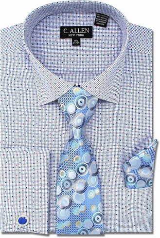 Men's Checks Dot Printed Regular Fit French Cuffs Dress Shirts with Tie Hanky Cufflinks Combo in Kuwait