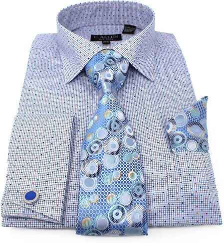 Men's Checks Dot Printed Regular Fit French Cuffs Dress Shirts with Tie Hanky Cufflinks Combo in Kuwait