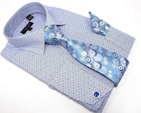 Men's Checks Dot Printed Regular Fit French Cuffs Dress Shirts with Tie Hanky Cufflinks Combo in Kuwait