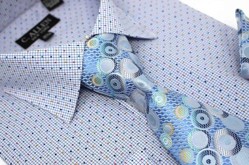 Men's Checks Dot Printed Regular Fit French Cuffs Dress Shirts with Tie Hanky Cufflinks Combo in Kuwait