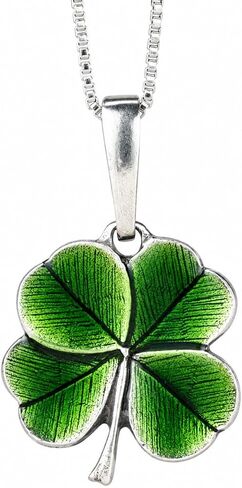 DANFORTH Four Leaf Clover/Shamrock Green Necklace, Handcast Pewter Pendant, 18 Inch Sterling Chain, Made In USA in Kuwait