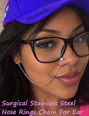 Boernfnso Nose Rings Hoop Chain Nose Septum Ring CZ Diamonds Surgical stainless steel Nose Rings with Chain Nose to Ear Chain Nose Ring Body Jewelry, Rose Gold and Silver Tone in Kuwait
