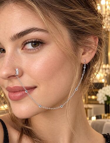 Boernfnso Nose Rings Hoop Chain Nose Septum Ring CZ Diamonds Surgical stainless steel Nose Rings with Chain Nose to Ear Chain Nose Ring Body Jewelry, Rose Gold and Silver Tone in Kuwait