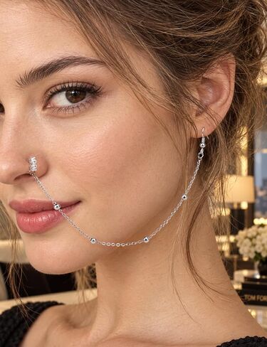 Boernfnso Nose Rings Hoop Chain Nose Septum Ring CZ Diamonds Surgical stainless steel Nose Rings with Chain Nose to Ear Chain Nose Ring Body Jewelry, Rose Gold and Silver Tone in Kuwait