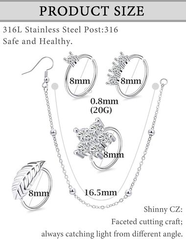Boernfnso Nose Rings Hoop Chain Nose Septum Ring CZ Diamonds Surgical stainless steel Nose Rings with Chain Nose to Ear Chain Nose Ring Body Jewelry, Rose Gold and Silver Tone in Kuwait