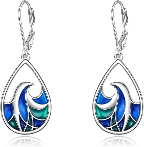 925 Sterling Silver Wave Leverback Dangle Earrings Enamel Leverback Earring Jewelry for Women Girls Birthday Gifts, Sterling Silver, no information in Kuwait
