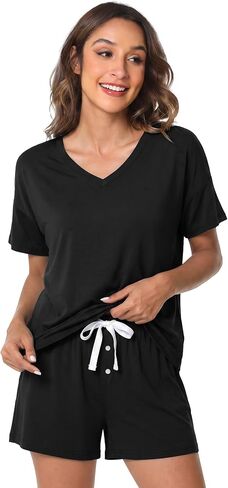 LazyCozy Striped Pajama Set for Women, Viscose Made from Bamboo, Short Sleeve Shirt with Sleep Shorts Soft PJ Set in Kuwait