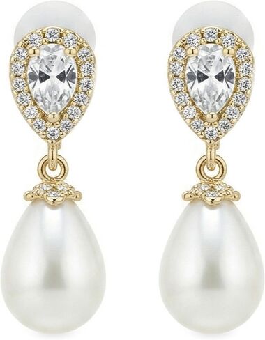 Mariell Pearl Gold Clip-On Wedding Earrings for Brides, Pearl and CZ Non-Pierced Drop Bridal Earring in Kuwait