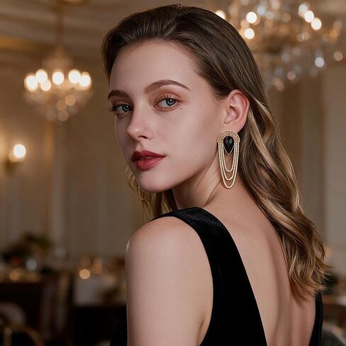 KaFu Gold Long Chain Tassel Linear Fringe Earring Rhinestone Chandelier Long Drop Dangle Statement Earrings for Women Girls in Kuwait