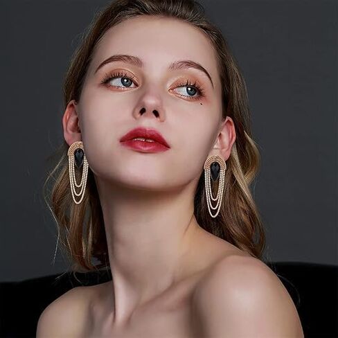 KaFu Gold Long Chain Tassel Linear Fringe Earring Rhinestone Chandelier Long Drop Dangle Statement Earrings for Women Girls in Kuwait