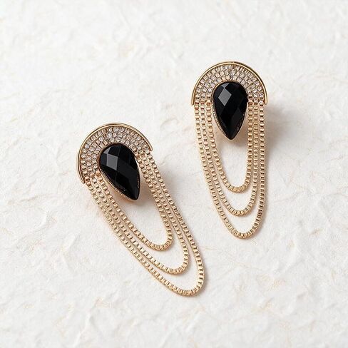 KaFu Gold Long Chain Tassel Linear Fringe Earring Rhinestone Chandelier Long Drop Dangle Statement Earrings for Women Girls in Kuwait
