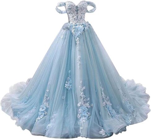 ثوب منفوش تول خارج على الكتف بدون أكمام زين ذيل سويب / فرشاة فساتين Quinceanera in Kuwait