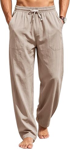 PASLTER Men's Cotton Linen Pants Elastic Waist Drawstring Casual Trouser Lightweight Straight-Legs Loose Beach Yoga Pants in Kuwait