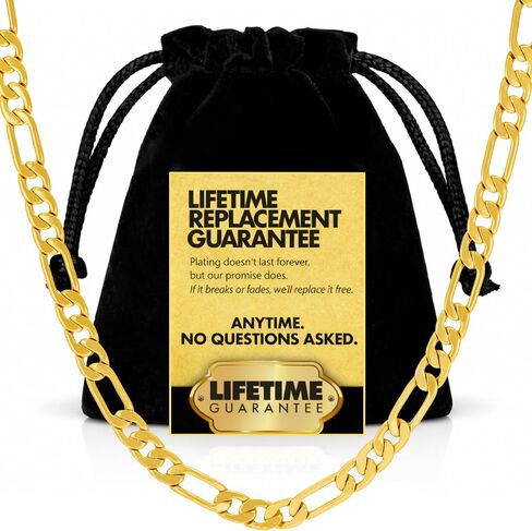 مجوهرات LIFETIME JEWELRY قلادات سلسلة فيجارو مسطحة للرجال والنساء مطلية بالذهب الحقيقي عيار 24 قيراط (4 مم، 5.5 مم، 7 مم) in Kuwait