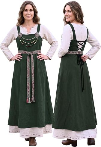 byCalvina - Calvina Costumes Canna Cotton Canvas - Medieval Viking Apron Overdress with Laced Back Green - Made in Turkey in Kuwait