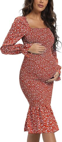 Maternity Fall Floral Midi Bodycon Dresses, Long Puff Sleeve Square Neck Ruffle Hem Mermaid Baby Shower Dress Red L in Kuwait