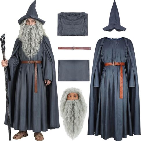 LILLIWEEN Adult Wizard Robe Men Sorcerer Costume Grey Cloak with Wizard Hat Cape Halloween Cosplay Suit in Kuwait