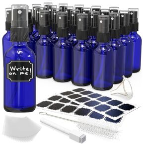Nevlers 24 Pack 2 Oz Blue Small Glass Spray Bottles for Essential Oils - Perfume |Refillable Travel Size Spray Bottle Set Includes Sprayers - Funnel- Brush- Labels - Marker to Easily Identify Contents in Kuwait