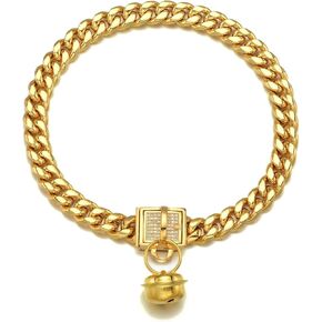 18K Gold Dog Collar Metal Stainless Steel 10mm Luxury Training Collar Cuban Link with Zirconia Lock bell Necklace Chain Locking Chew Proof Collar in Kuwait