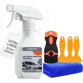 Adhesive Remover Sticker Removal Tape Remover Set of | 1x Plastic Razor Blade Scraper | 3X Spatula | 1x Towel | Removes Adhesive Remains Stickers Labels Decals Tape Residue - 8.45oz/250ML in Kuwait