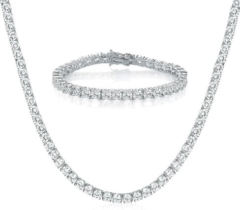 MDFUN Tennis Necklace Bracelet Jewelry Sets 18K White Gold Plated 4mm Round Cubic Zirconia Bracelet and Necklace Sets for Women and Men (18 inch & 7.5 inch) in Kuwait