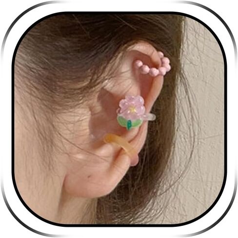 Resin Flower Ear Cuffs for Women Colorful Bead Ball Cartilage Earring Fake Huggie Hoops Non Piercing Clip On Lovely Summer Ear Jewelry Gifts 3 PCS Set in Kuwait