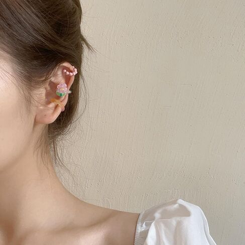 Resin Flower Ear Cuffs for Women Colorful Bead Ball Cartilage Earring Fake Huggie Hoops Non Piercing Clip On Lovely Summer Ear Jewelry Gifts 3 PCS Set in Kuwait