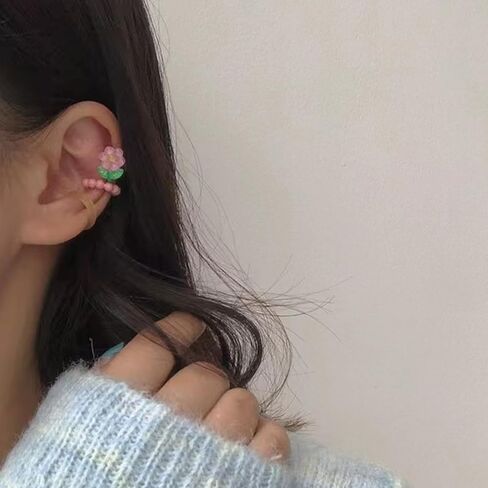 Resin Flower Ear Cuffs for Women Colorful Bead Ball Cartilage Earring Fake Huggie Hoops Non Piercing Clip On Lovely Summer Ear Jewelry Gifts 3 PCS Set in Kuwait