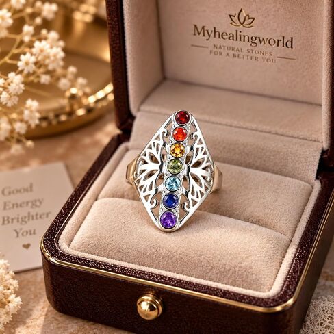 Myhealingworld شفاء شقرا سبعة أحجار كريمة 925 خاتم فضة استرليني 3 مم خاتم الأوجه المستديرة مجوهرات خاتم الزفاف إصبع طويل للنساء مجوهرات خاتم هدية لمجوهرات الأحجار الكريمة in Kuwait