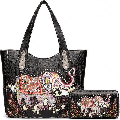 Elephant Rhinestone Studded Western Style Concealed Carry Purse Handbag Women Shoulder Bag Wallet Set in Kuwait