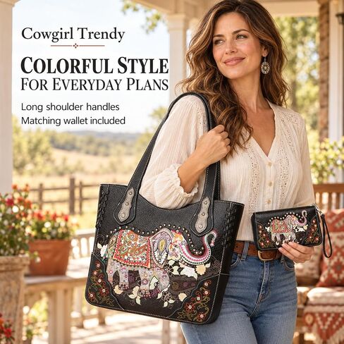 Elephant Rhinestone Studded Western Style Concealed Carry Purse Handbag Women Shoulder Bag Wallet Set in Kuwait
