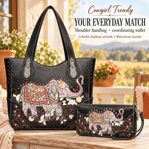 Elephant Rhinestone Studded Western Style Concealed Carry Purse Handbag Women Shoulder Bag Wallet Set in Kuwait
